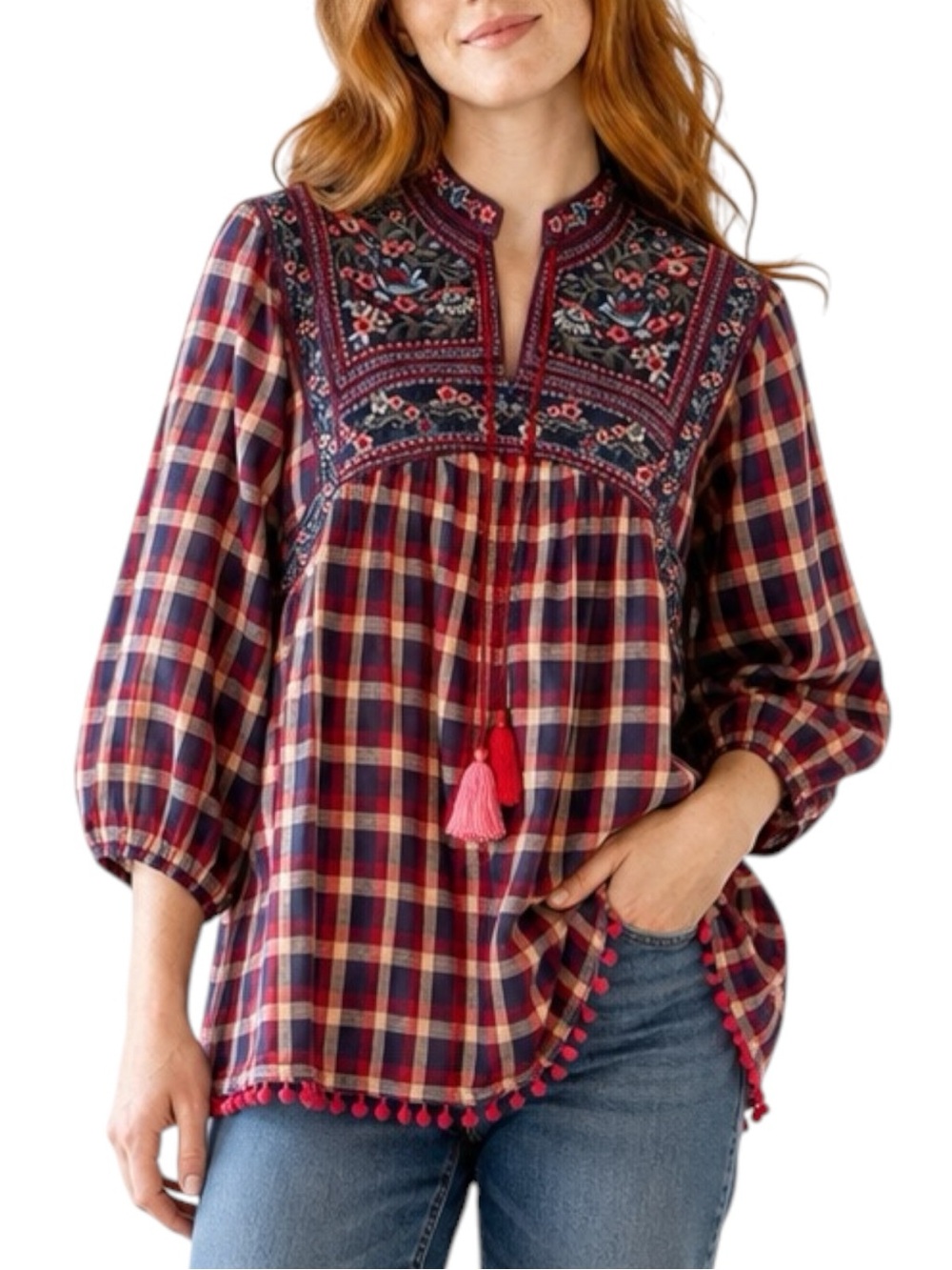 Ethnic by Outfitters Embroidered Plaid Tunic Top Tassel Tie Pom Pom Hem Medium